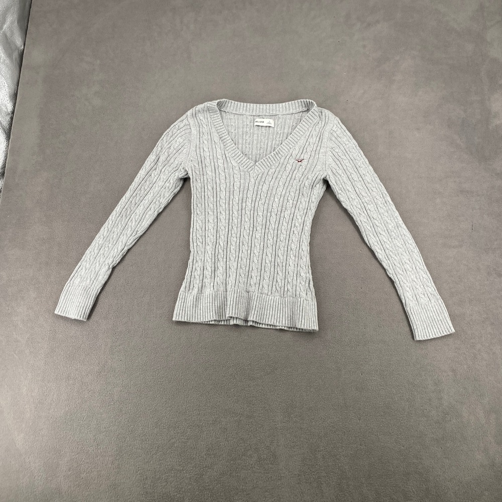 Hollister Womens Gray Cable Knit V-Neck Sweater Y2K Long Sleeve Logo Small